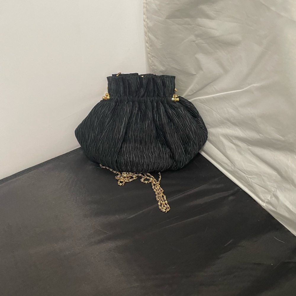 Vanessa Satin Black pouch vintage evening bag  clasp crossbody chain